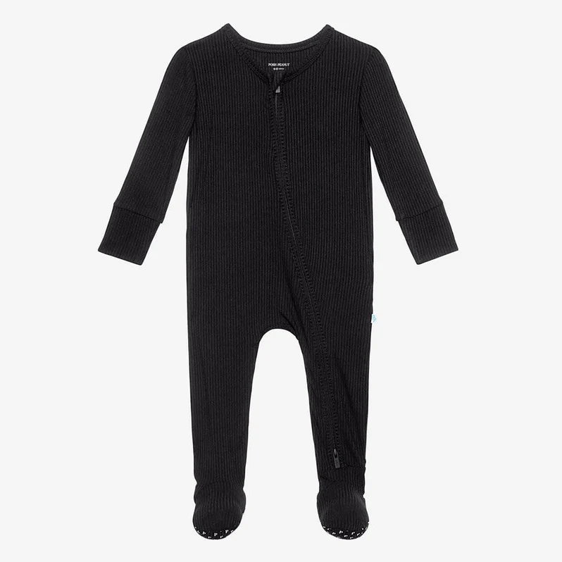 Posh Peanut Solid Ribbed Black Zippered Footie