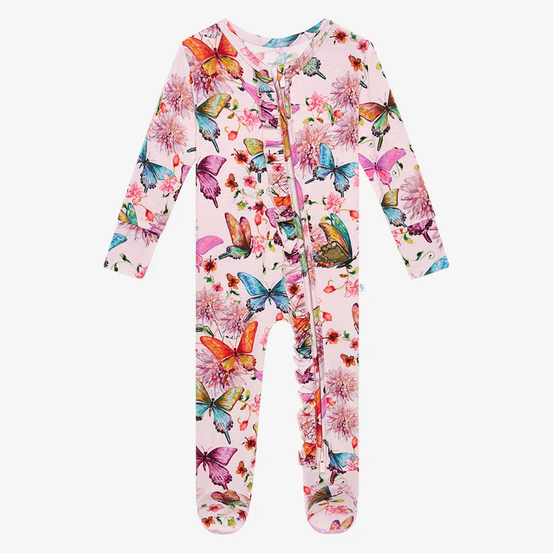 Posh Peanut Ruffled Zippered Footie Watercolor Butterfly